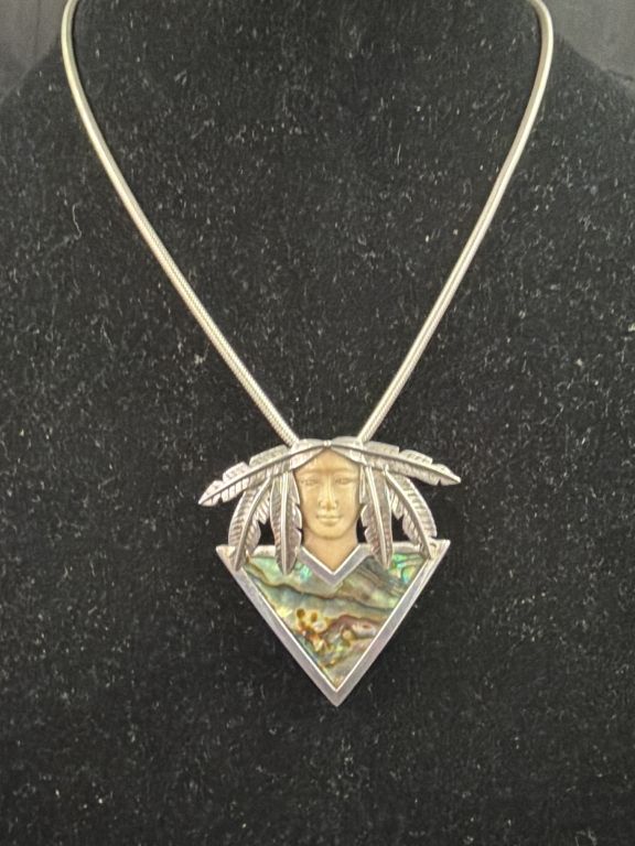 Lot 394: Native American Inlay Sterling Silver Pendant