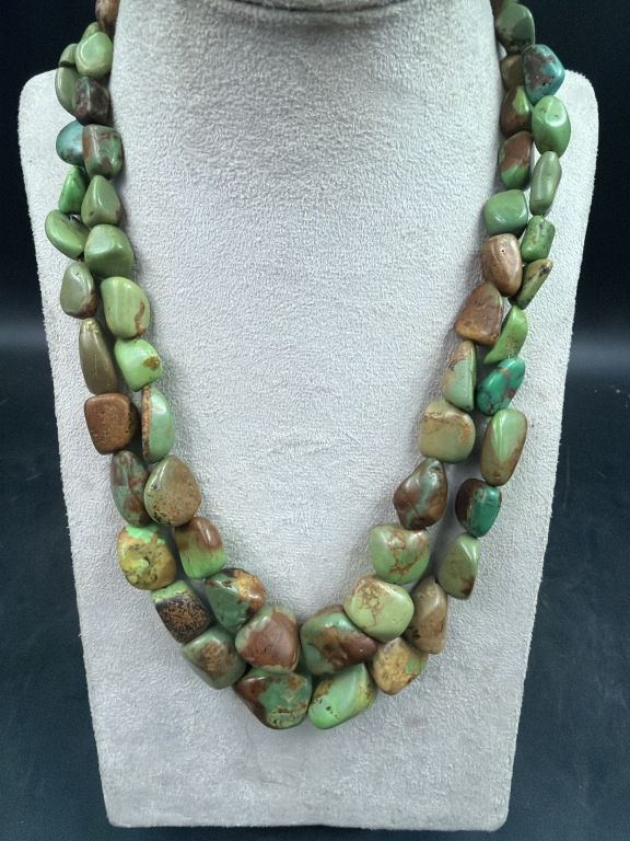 Lot 435: Chunky Green Turquoise Double Strand Necklace