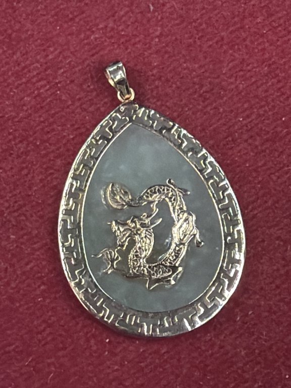 Teardrop Shaped Pendant with Carved Gold Dragon