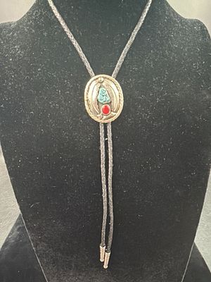 Native American Sterling Bolo. Nice piece that bolo tie has turquoise and coral. Bollo has 