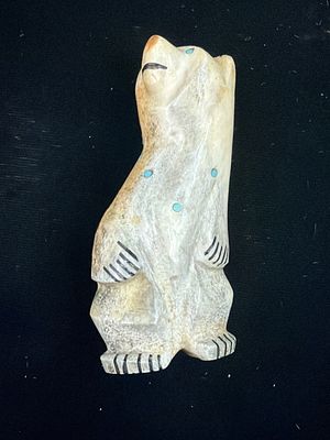 Carved Standing Bear Fetish. Has inlay turquoise eyes. Measures about 2.5" and condition is 