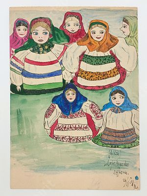Деревенские матрены. 
1931 г. 
Бумага, акварель, тушь. 
Размер 27х19 см. 
ПП20-03-10