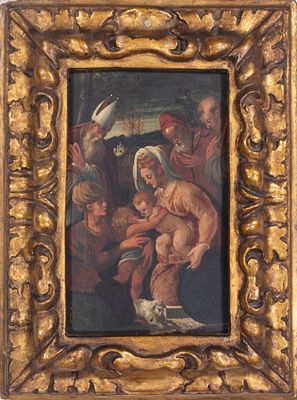 Autore del XVIII secolo - Incontro tra Gesu’ Bambino e San Giovannino con Santi. Tecnica Olio su 