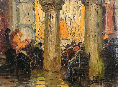 Luca Albino (Maiori 1884-1952) - Figure oranti. Tecnica Olio su compensato Misure 18,7x25,7 cm 