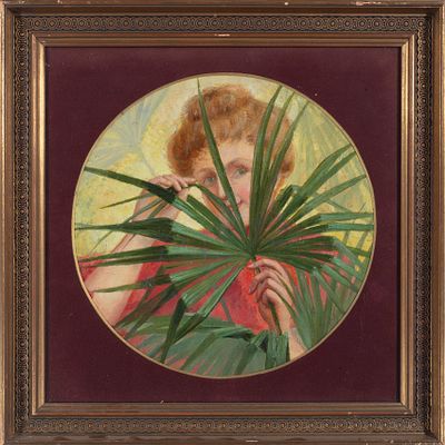 Ritratto di donna con foglie di palma. Tecnica Olio su cartoncino Misure 34 cm Provenienza: 