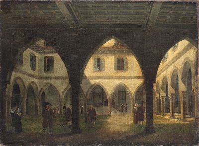 Anonimo (XIX secolo) - Cortile gotico con figure. Tecnica Olio su tela Misure 36x48,5 cm 