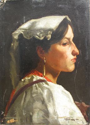 Albert Franzoni (Locarno 1846-Ginevra 1931) - Ritratto di popolana. Tecnica Olio su cartoncino 