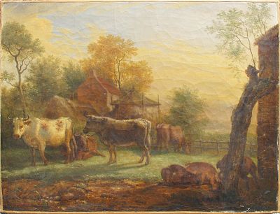 Anonimo (XIX secolo) - Paesaggio con armenti. Tecnica Olio su tela Misure 34,5x45 cm Provenienza: 