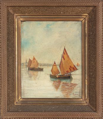 Autore del XIX secolo - Barche a vela su sfondo urbano. Tecnica Olio su tela Misure 37x30,5 cm 