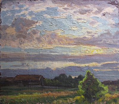 Anonimo (XIX-XX secolo) - Tramonto. Tecnica Olio su tela applicata a compensato Misure 32x35,6 