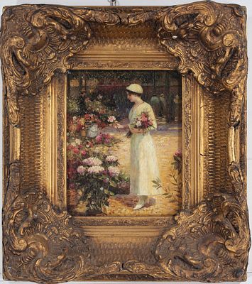 Anonimo (XX secolo) - Al mercato dei fiori. Tecnica Olio su cartoncino Misure 25x20,5 cm 