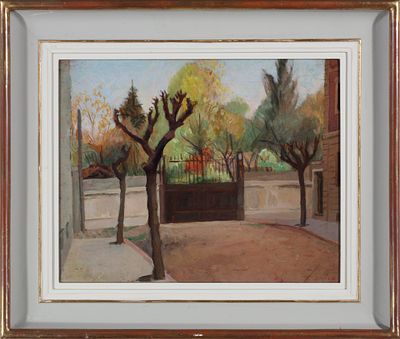 Carlo Vitale (Milano 1902-Camogli 1996) - Paesaggio con cancellata. Tecnica Olio su compensato 