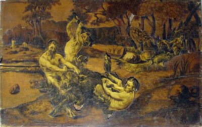 Giulio Masnada detto Fra Topolino (Alzano Lombardo 1852–Bergamo 1926) - Scena mitologica. Tecnica 