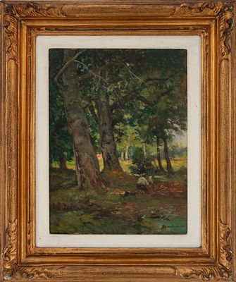 Antonio Bonini ( Secolo XX ) - Figure nel bosco. Tecnica Olio su carta applicata a cartoncino 