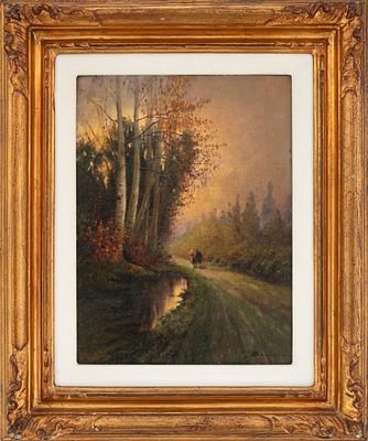 Antonio Bonini ( Secolo XX ) - Passeggiata nel bosco. Tecnica Olio su carta applicata a cartoncino 