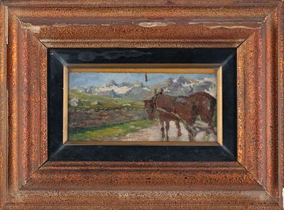 Bazzi (XIX-XX secolo) - Paesaggio montano con cavalli. Tecnica Olio su tavoletta Misure 10x20 cm 