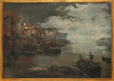 Giuseppe Solenghi (Milano 1879–Cernobbio 1944) - Mattino sul lago di Garda. Tecnica Olio su 