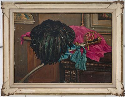 Firma illeggibile (XX secolo) - Il cappello e la spada. Tecnica Olio su cartoncino Misure 49x70 cm 