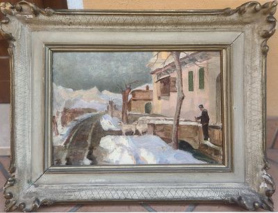Mario Albano (Torino 1896-1968) - Dintorni di Torino (Nevicata). Tecnica Olio su cartoncino Misure 