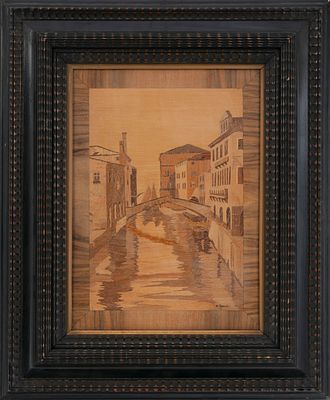 Mario Gnudi (XX secolo) - Ponte san Basegio (Venezia). Tecnica Tarsia su tavola Misure 39x49 cm 