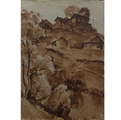 Г.М.Шегаль. Деревушка 1930-е.г. Бум/акв, тушь 38х26,5см. . Без подписи из папки с другими 