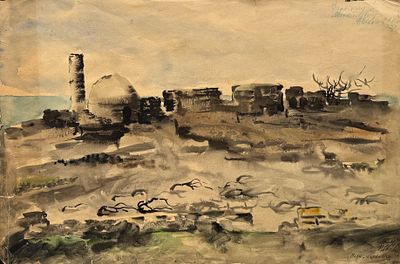 П.П.Соколов-Скаля. Баку. Мардакян 1935.г. Бум/акв 28х42см . Дарственная надпись 1938 года. 