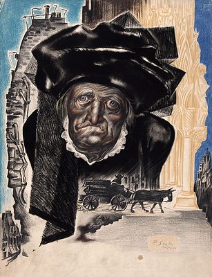 П.П.Соколов-Скаля. Бабушка поехала на кладбище 1928.г. Бум/смеш.техн 62,5х48см. Соколов-Скаля 
