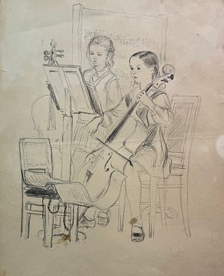 А.Ф.Пахомов. Виолончелистки. Бум/линогравюра 52х39см . Загрязнения, разрывы, заломы. 
Пахомов 