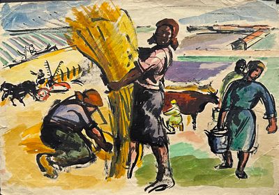 П.Д.Покаржевский. Женщины в колхозе 1940-е.г. Бум/акв 31х44,5см. . Надрывы, замятости. 