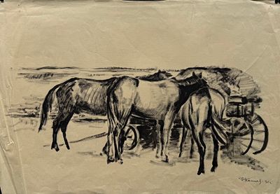 Ф.Д.Коннов. Лошади у телеги 1931.г. Бум/тушь 35х51см. Провенанс из собрания искусствоведа 