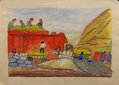 В.Ф.Точилкин. Молотьба. Коммуна "Труд" 1932.г. Бум/акв 31,8х43,8см. Экспертиза НИНЭ 