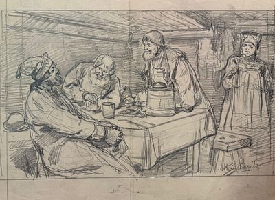 К.В.Лебедев. Русское застолье. Бум/каран 35х43см. Провенанс из собрания искусствоведа, писателя 