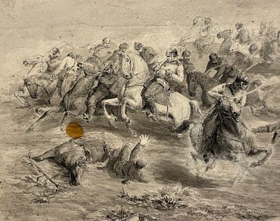 Ф.П.Баланевский. Батальная сцена 1900-е.г Бум/акв.тушь 36х60см(лист). Загибы, загрязнения. 