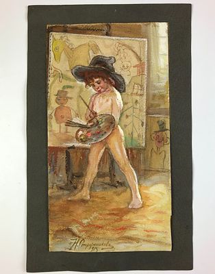 Н.И.Струнников. Юный художник. 1913.г. Бум/смеш.техн 33,5х18см. Экспертиза НИНЭ 