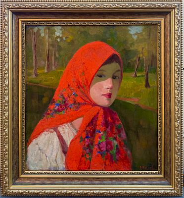 С.М.Гузиков. Крестьянская девочка в красном платке. 1910-20.г. К/м 54,8х49.5см. Гузиков Семен 