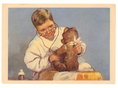 И. Коминарец "Мишку вылечить готов доктор замечательный...". Открытка. Ленинград, 1955 год. 