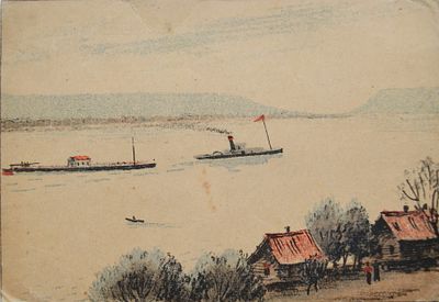 Литографированная почтовая карточка "На Волге", худ. А.Романов. 1940-е гг. Формат 10.2х14.5 см. 