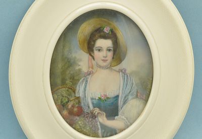 МИНИАТЮРА "Дама" гуашь слоновая кость. Великолепная миниатюра - портрет знатной дамы в роли 