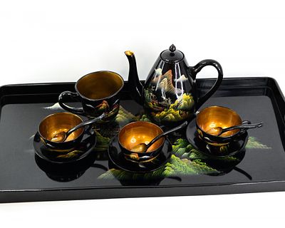 Деревянный чайный сервиз роспись Япония. Чайный сервиз из лакированного дерева с ручной росписью 