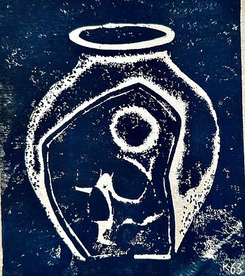 Краснопевцев Д.М. "Череп в кувшине" 1963 Бумага, линогравюра.
Размер листа 17х21, рисунка 