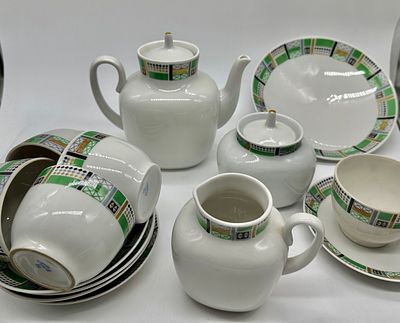 [Советский минимализм] оттепель! Редкость! 
Чайный сервиз 10 предметов ( полный!) ЛФЗ, 1950-е 