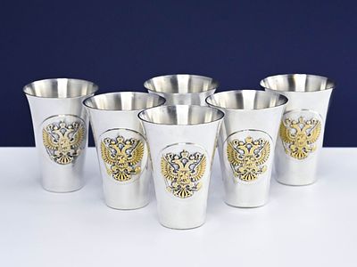 Набор 6 стопок герб серебро 925 проба Россия. Набор из шести стопок серебра 925 пробы с 