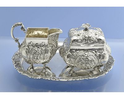 САХАРНИЦА + СЛИВОЧНИК + ПОДНОС Розы серебро 800 пробы. Роскошный набор для сервировки чайного 