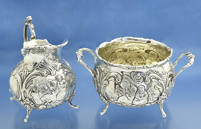САХАРНИЦА + СЛИВОЧНИК + ПОДНОС Розы серебро 800 пробы. Старинный роскошный набор для сервировки 