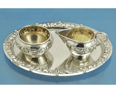 САХАРНИЦА + СЛИВОЧНИК + ПОДНОС серебро 800 пробы. Старинный роскошный набор для сервировки 