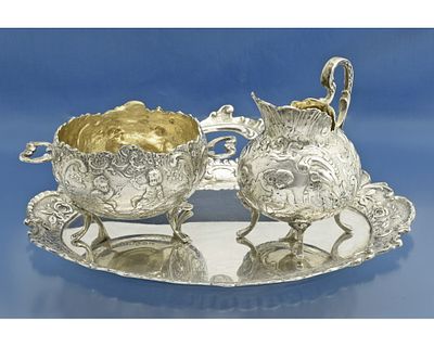 САХАРНИЦА + СЛИВОЧНИК + ПОДНОС Путти серебро 800 пробы. Старинный роскошный набор для сервировки 