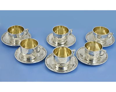 6 ЧАЙНЫХ ПАР чашки серебро 800 пробы Германия. Старинные серебряные чашки с блюдцами в стиле 