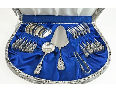 15 предметов ДЕСЕРТНЫЙ НАБОР серебро 800 пробы Роза. Десертный набор из 16 предметов в стиле 