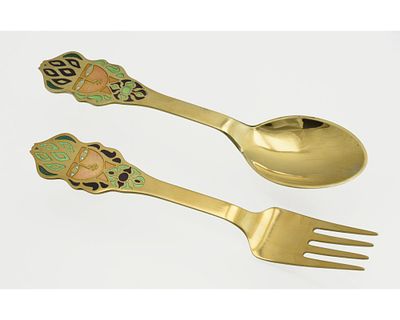 Коллекционные ЛОЖКА и ВИЛКА Michelsen серебро 925 пробы эмаль 1982. Коллекционные ложка и вилка 