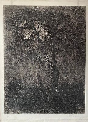 Плавинский Д.П. Дерево с луной. 1970-е гг. Бумага, офорт, 64,2х48,5 см - оттиск, 78х59,5 см - 